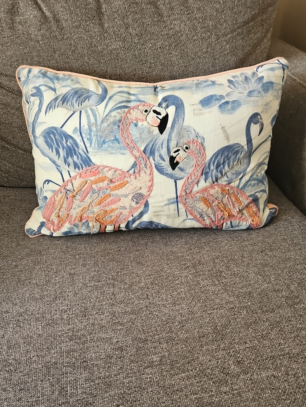 Pink Flamingo Embroidered Decorative Pillow - Home Accents